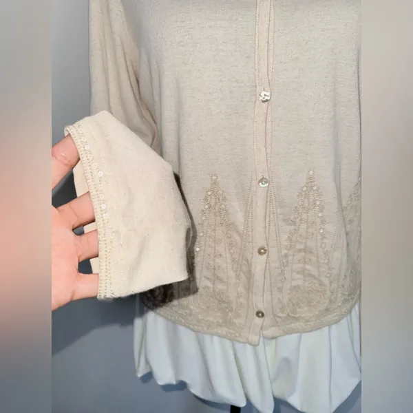 Elegant Beige Button-Front Cardigan with Sequin & Embroidered Detail Size Small - Image 3