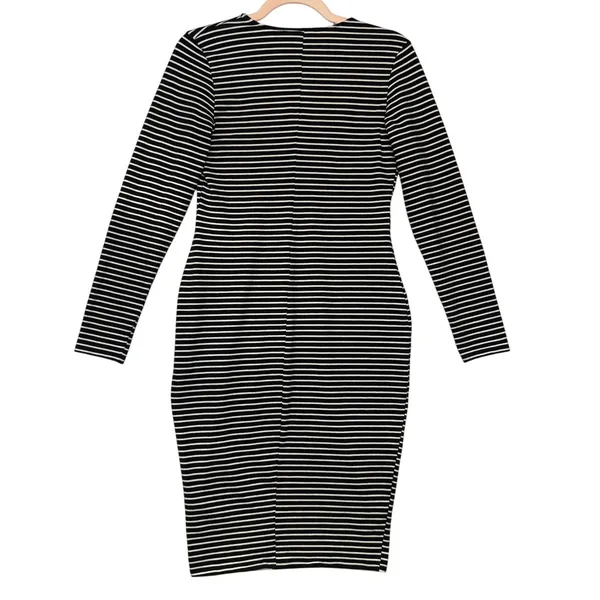 Express Womens Black White Striped V-Neck Long Sleeve Bodycon Midi Dress Medium‎ - Image 7