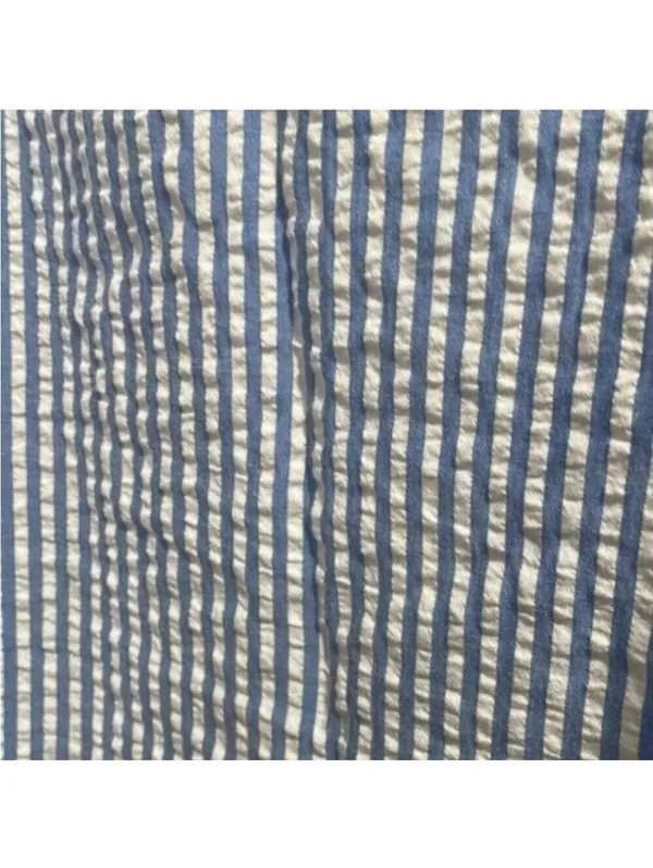 Ces Femmes Blue and White Seersucker Striped Cold Shoulder Shift Dress - Image 4