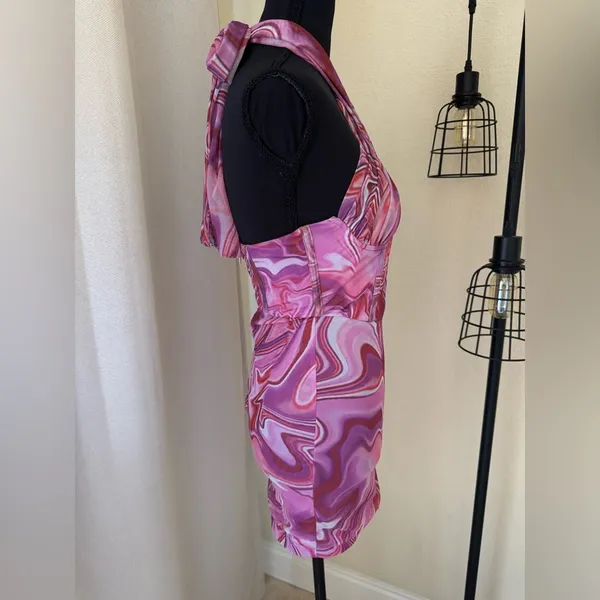 Bardot Pink Tie Dye Mesh Halter Mini Dress XS Y2K Bodycon Ruched - Image 5