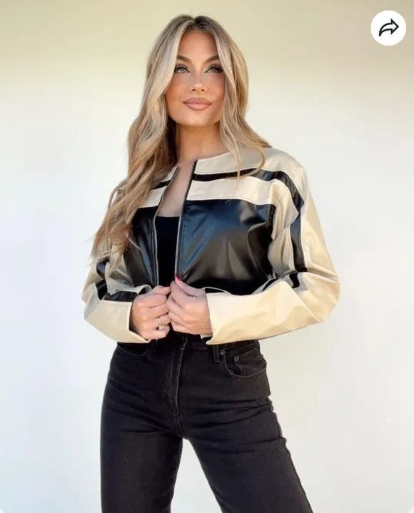 Lane 201 Cloud Ten Women’s Size M Cropped Racer Jacket Black Tan Faux Leather Moto Baddie - Image 14