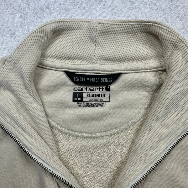 Carhartt Women’s Relaxed Fit Quarter Zip Sweatshirt L Beige Tencel - Image 5
