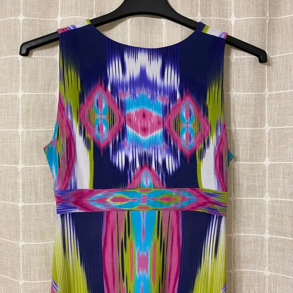 Chico's Maxi Dress Women's Sz1 Blue Pink Green Ikat Abstract Sleeveless Boho EUC - Image 4