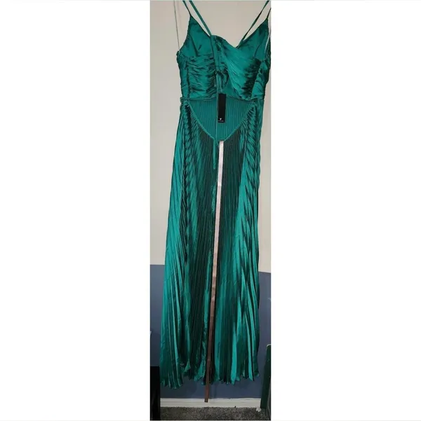 Lulus Green Pleated Satin Maxi Dress - Image 3