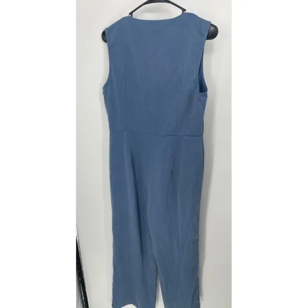 SheIn Vintage Blue Sleeveless‎ Jumpsuit V-Neck Button-Front Casual Chic size L - Image 4