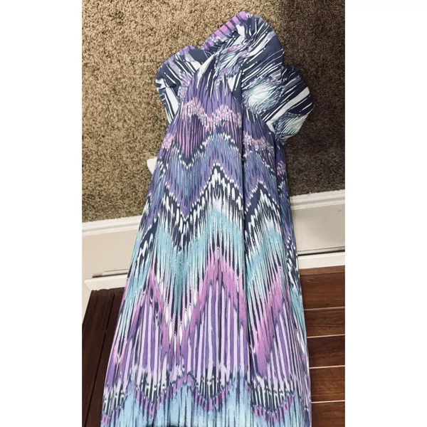 Chico's Purple Teal Ikat Chevron Maxi Dress Halter Blouson Size 1 M/L - Image 3