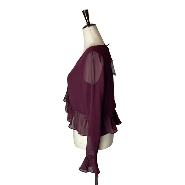 Line & Dot Revolve Burgundy‎ Violet Ruffled Long Bell Sleeve Blouse Size XS - Image 5