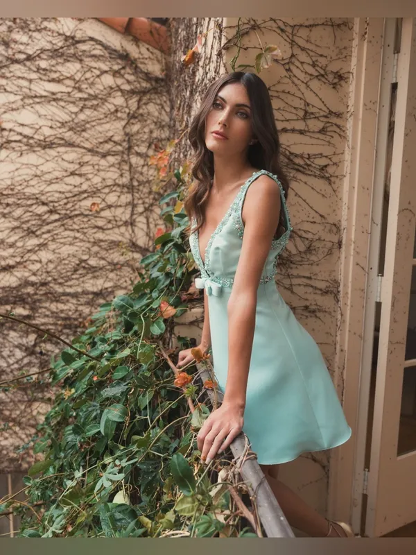 MAC DUGGAL Green Hand Beaded Detail A-Line Mini Dress Size 4 - Image 3