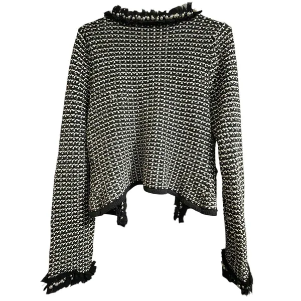 White House Black Market black and white tweed jacket with faux pearl trim‎ - Image 3