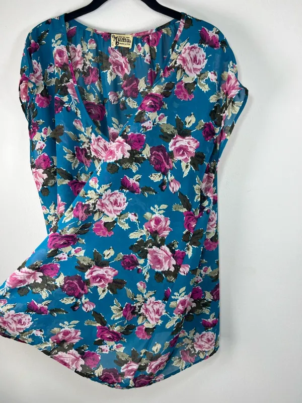 Show Me Your Mumu Floral Blouse Tunic Teal Semi Sheer Romantic Whimsical USA Lg - Image 6