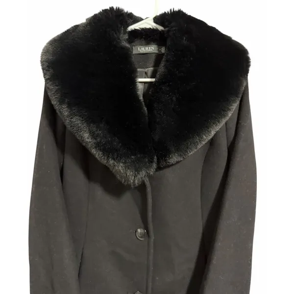 Lauren Ralph Lauren‎ Faux-Fur-Collar Wool Blend Coat Black Women's Size 4 - Image 3