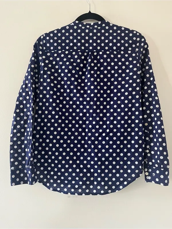 J Crew Navy Blue Polka Dot Ruffle Button Up Top XS 100% Cotton Office Preppy - Image 6