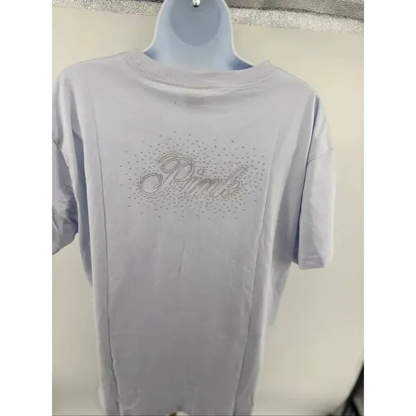 Victoria’s Secret PINK Campus T Shirt M Blue Short Sleeve Glitter Logo Top - Image 14