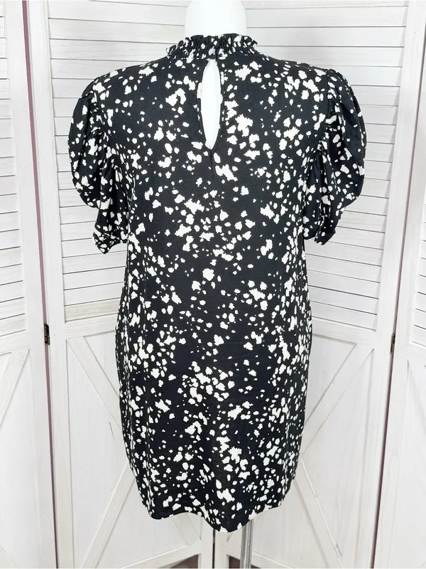 Who What Wear Linen Puff Sleeve Spotted Mini Shift Dress Black White Large - Image 5