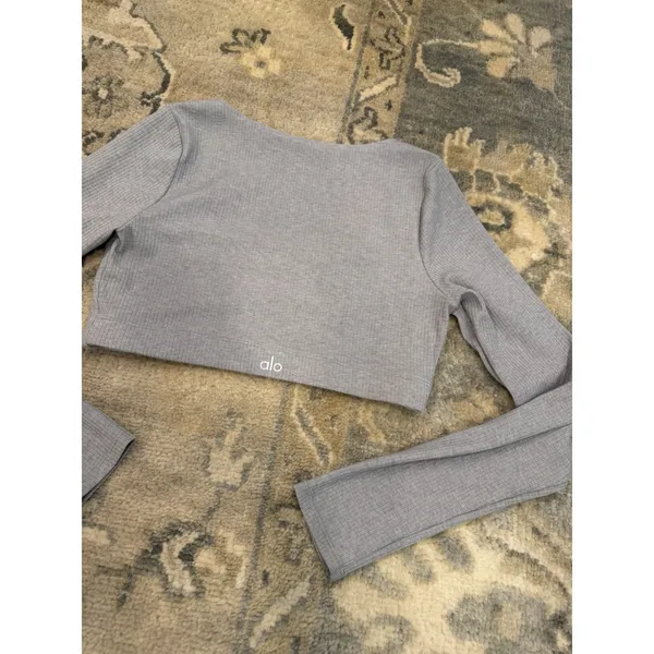 Alo Ribbed Long Sleeve Crop Top Grey Sz S NEW - Image 2