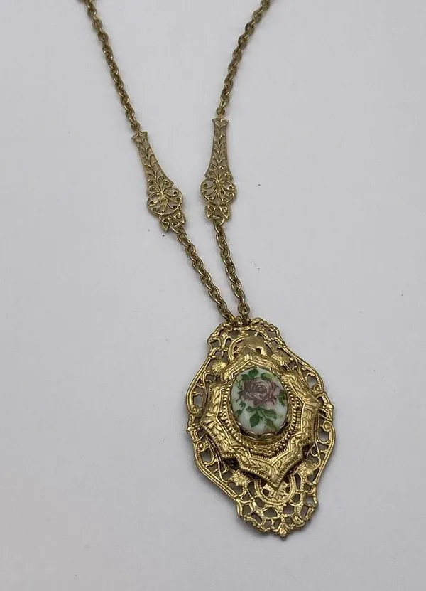 Vintage Victorian Revival filigree 27” necklace. Painted rose on porcelain - Image 2