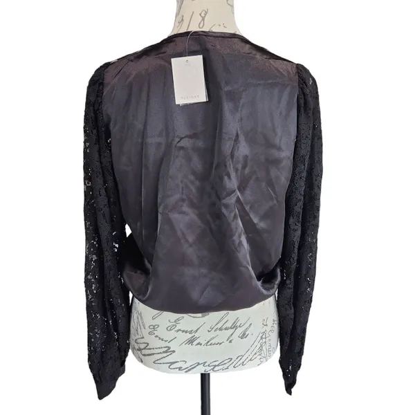 Pleione -511‎ NWT Black Faux Wrap Dressy Top Lace Sleeves Small - Image 3