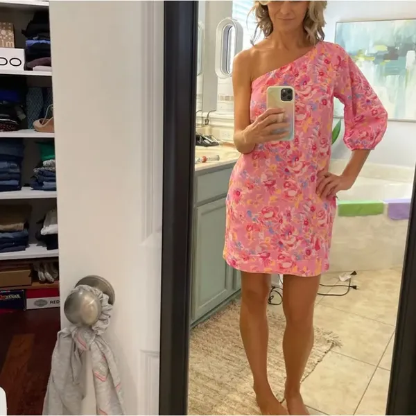 Something Navy Pink Floral Mini Dress MEDIUM One Shoulder Linen Shift Party $165 - Image 6