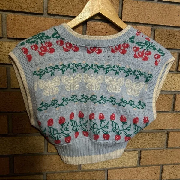 Urban Outfitters Cropped Knit Sweater Vest Floral Strawberry Butterflies Size XS - Image 5