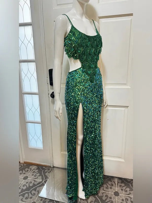 Rachel Allan Stunning Emerald Green Sequin Fringe Cutout formal Gown Size 6 - Image 8