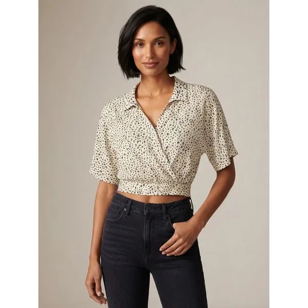 American Eagle Women Top Large Cream Animal Print Surplice Cropped Elastic Hem - Image 2