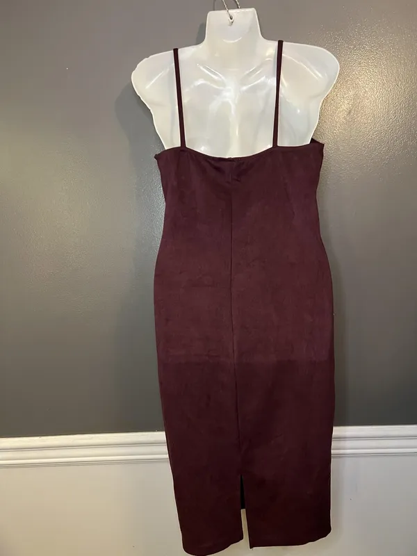 Windsor Dress Womens Large Red Suede Bodycon Midi Spaghetti Strap Sweetheart - Image 6