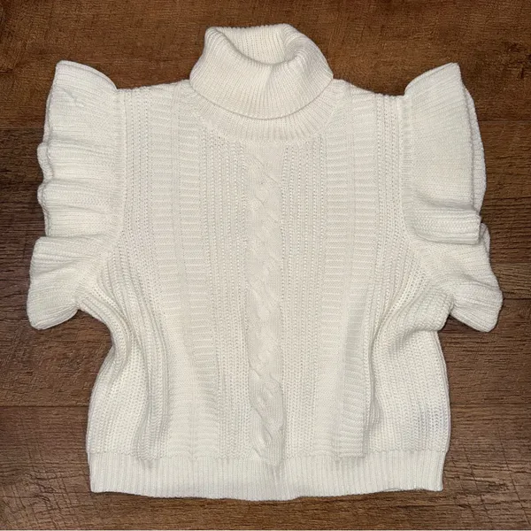 Elegant Off-White/Ivory Cable Knit Ruffle Sleeve Turtleneck Sweater - Image 12