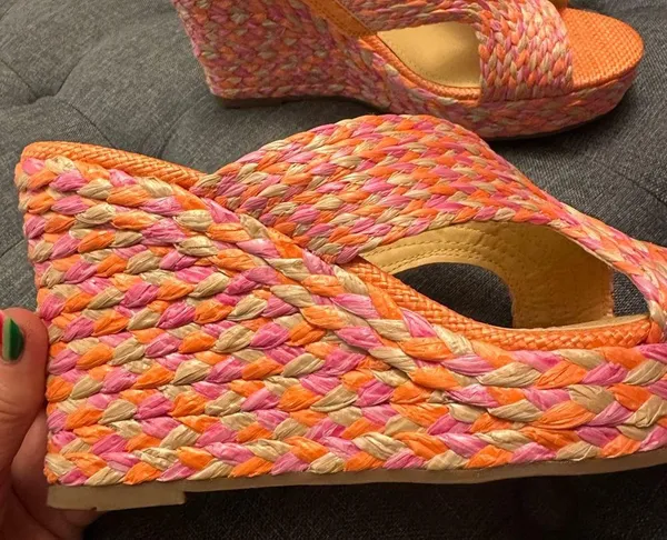 Marc Fisher Pink and Orange Woven Espadrille Wedge - Image 8