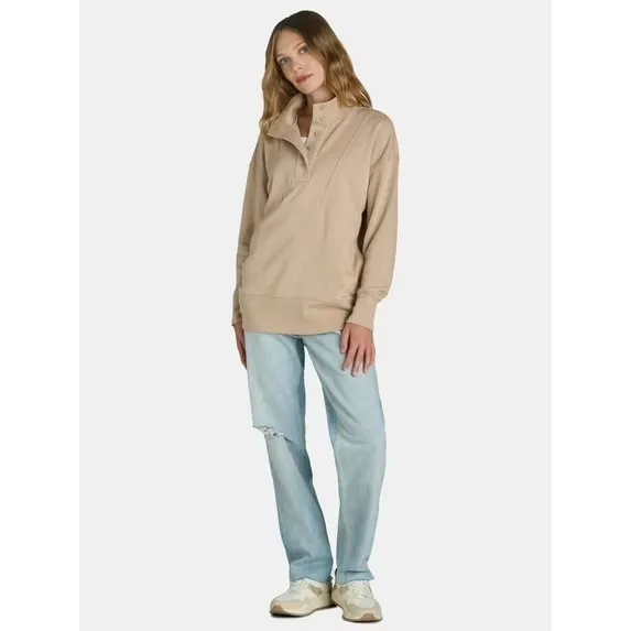Time and Tru Womens Pullover Sweatshirt Size S Champagne Mock Neck Button Top - Image 2