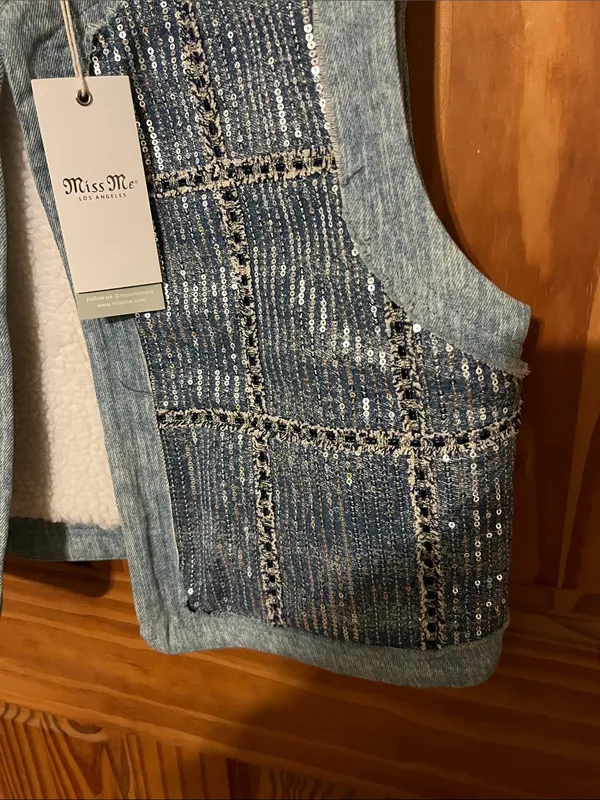 Miss Me Light Blue Sequin Jean  Vest - Image 4