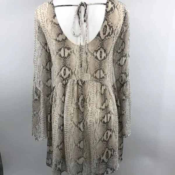 Adrienne snake print bell sleeve scoop back dress - Image 5