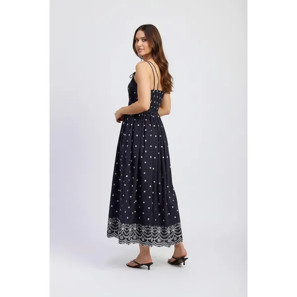 En Saison Womens Midi Dress Size S Navy White Cotton Embroidered Hem Tie-Straps - Image 5