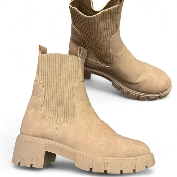 Tan Lug Sole Chelsea Boots Ribbed Sock Ankle Beige Platform Booties - Image 2