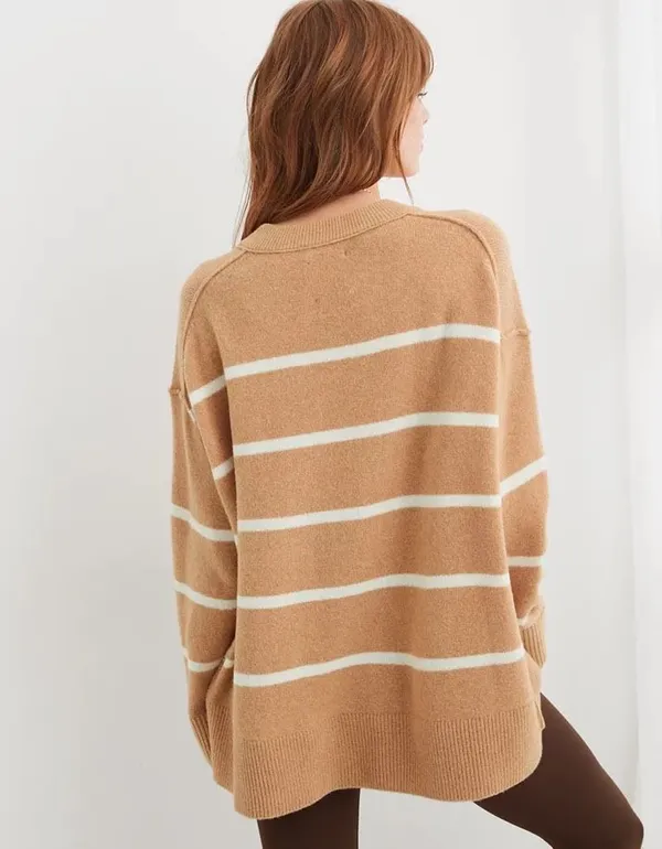 Aerie unREAL V-Neck Sweater Women S Beach Dune Cream Stripe Oversized Pullover - Image 8