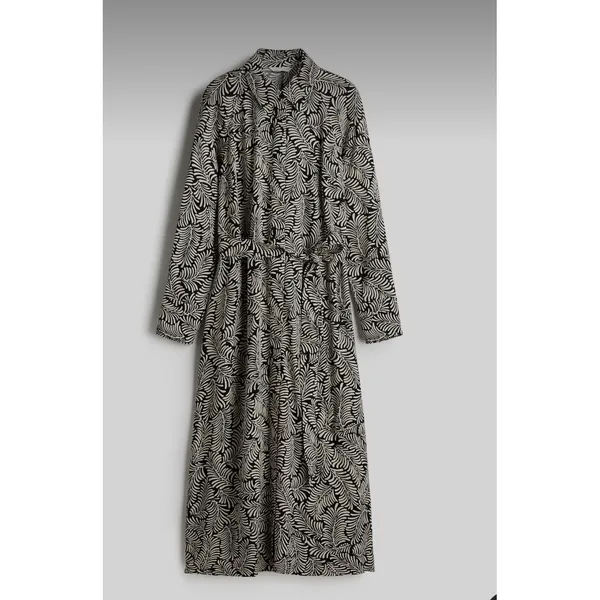 H&M Maxi Shirt Dress Women's M Beige Black 100% Viscose Belted Long Sleeve - Image 3