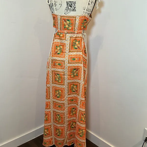 Unbranded Maxi Dress Orange Lemon Print Rope Straps Cut Out Back Small - Image 4