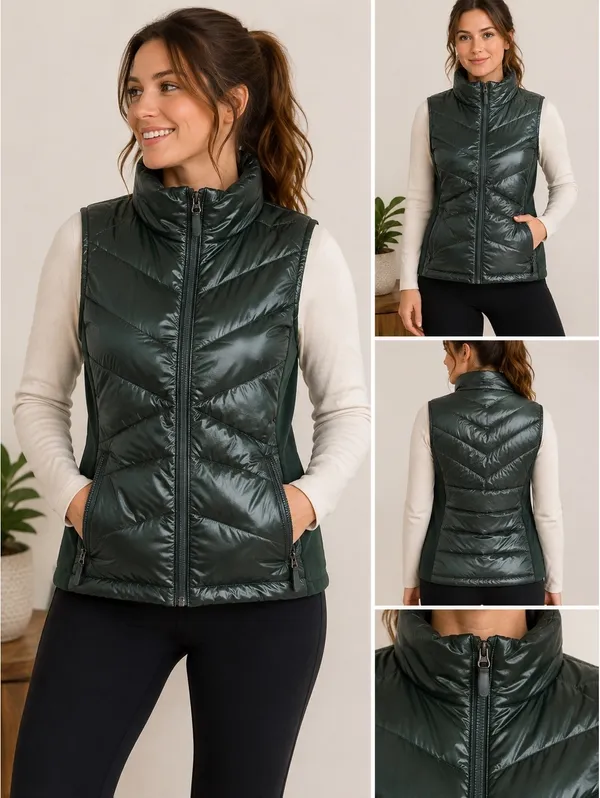 Tek Gear Women’s Small Puffer Vest Dark Green Full Zip Fleece Side Panels - Image 2