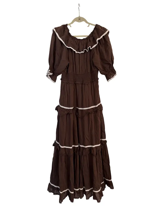 Anthropologie Puff Sleeve Scoop Neck Tiered Maxi Dress Size Large - Image 4