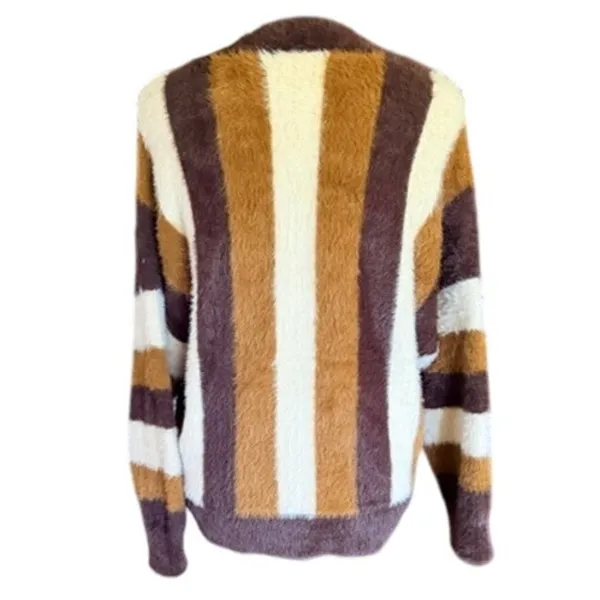 Industry Republic Clothing Women’s Large Fuzzy Striped Cardigan Brown Cream - Image 4