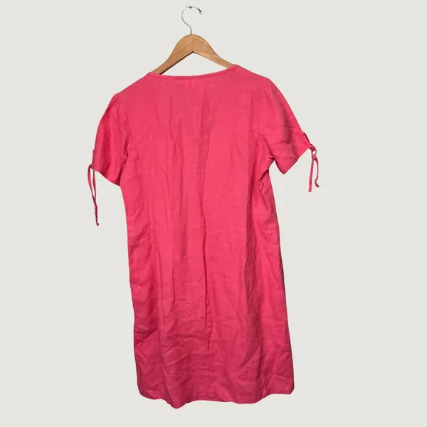 Hot Cotton Pink 100% Linen Pintuck Shift Dress Short Tie Sleeve Size M - Image 3