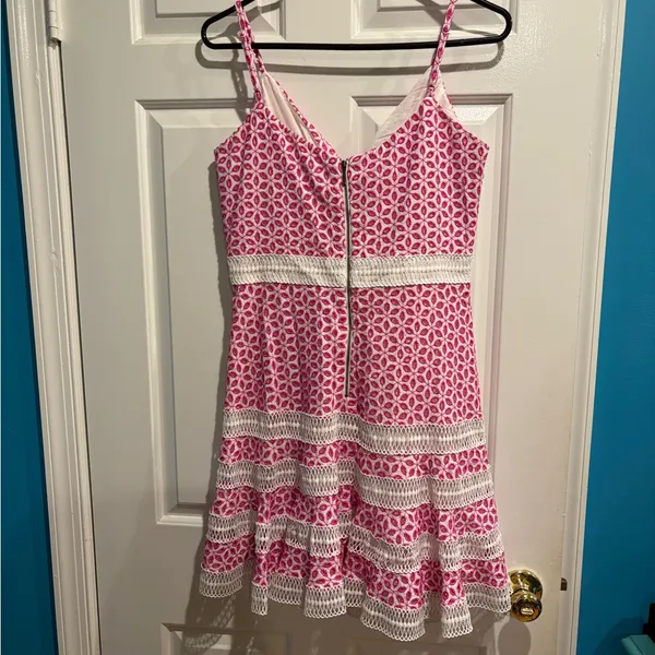 Bardot Camille fit and flare mini Eyelet lace Dress. pink white sz M 8 - Image 5