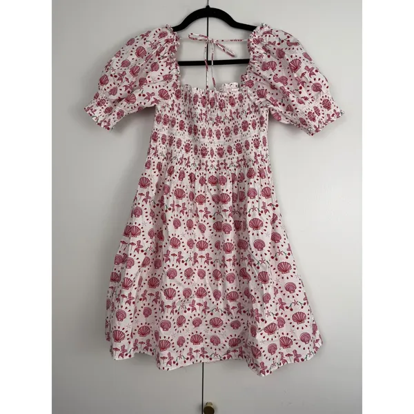 Hill House Home Mermaid Nap Dress Pink Red‎ Seashell Smocked Puff Sleeve Boho XS - Image 3