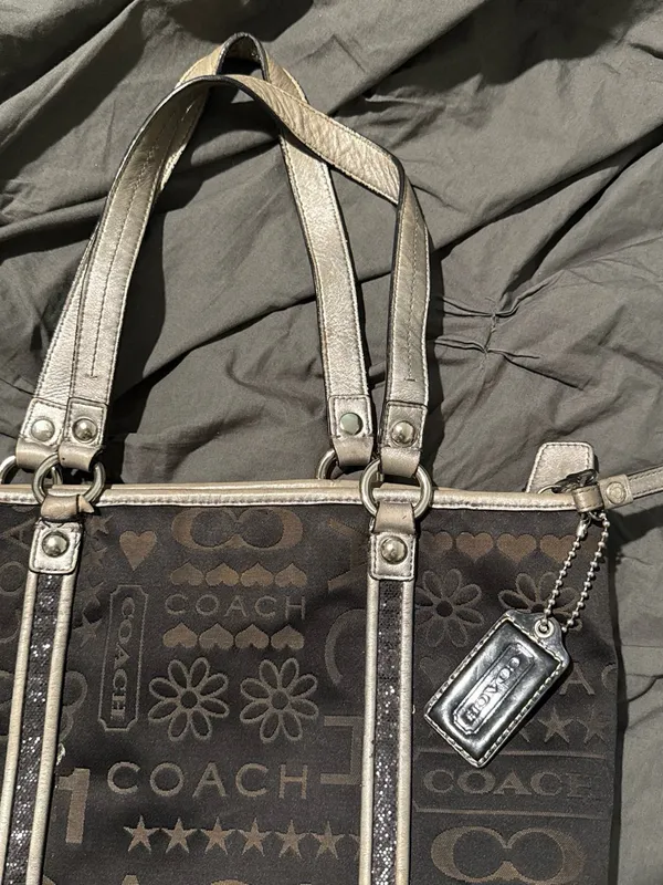 Coach Brown Logo Tote with Metallic Silver Trim - Image 3