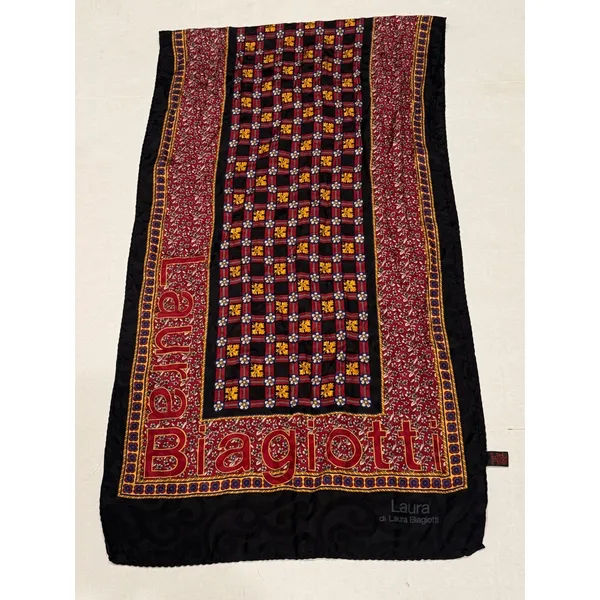 Laura Biagiotti Scarf Womens Red Black Silk Floral Medallion Logo Italy 60in‎ - Image 4
