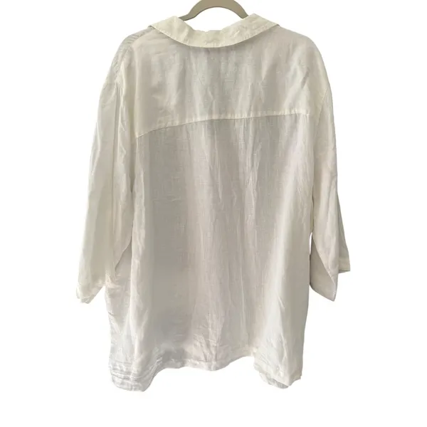 100% Linen White V-Neck Tunic Top Oversized 3/4 Sleeve Side Button‎ Detail - Image 4