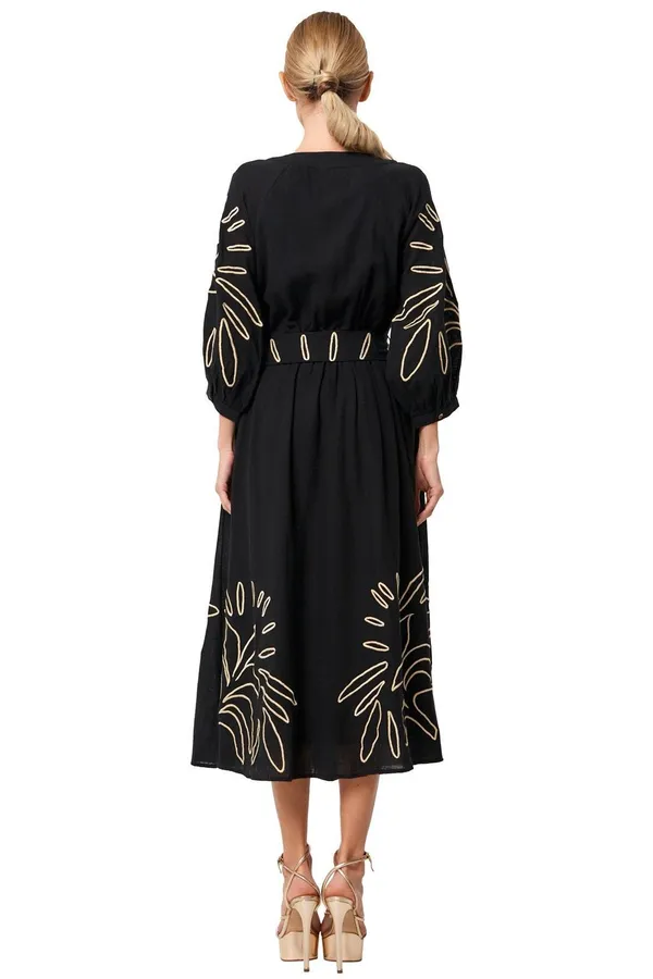 NWT CIEBON Eliza Embroidered A-Line Midi Dress Black Boho Cotton XS - Image 2