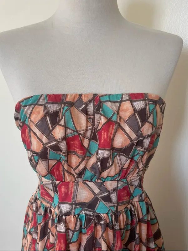 American Rag Strapless Geometric Print Dress in Red, Teal, Peach - Image 2