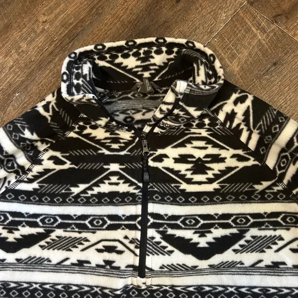 Eddie Bauer Womens XL Fleece Quarter Zip Pullover Black White Geometric Aztec‎ - Image 3