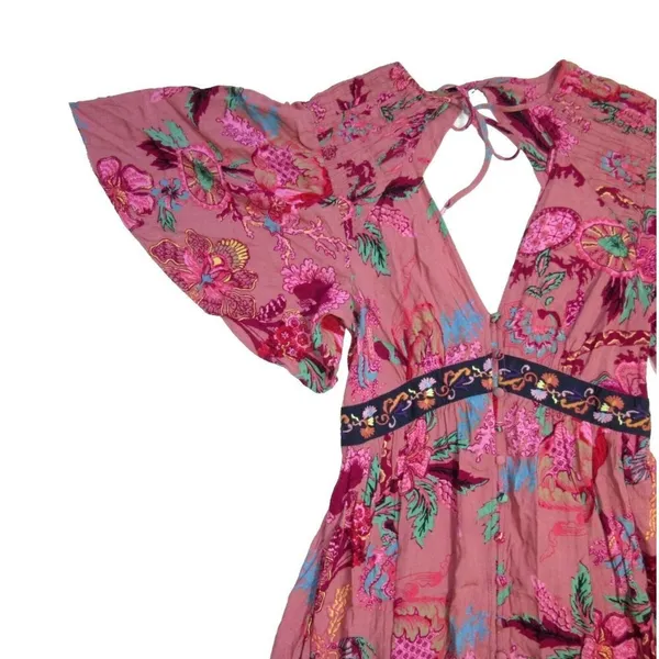 NWT by Anthropologie Ruffled Embroidered Maxi in Pink Floral V-neck Dress S - Image 9