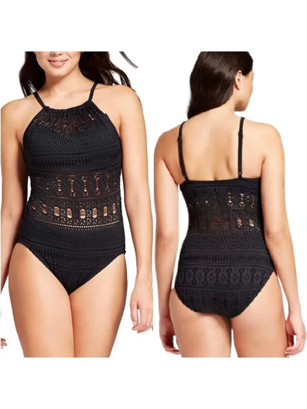 Aqua Green Crochet High Neck Black One Piece Swimsuit Medium - Image 2